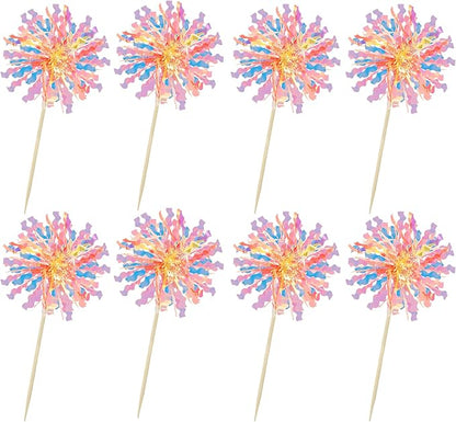 Ephlyn 30Pcs Foil Firework Cupcake Toppers Happy Birthday Cake Toppers Tinsel Flower Drink Stirrers Cocktail Food Fruit Toothpicks for Valentine's Day Party Decorations Orange