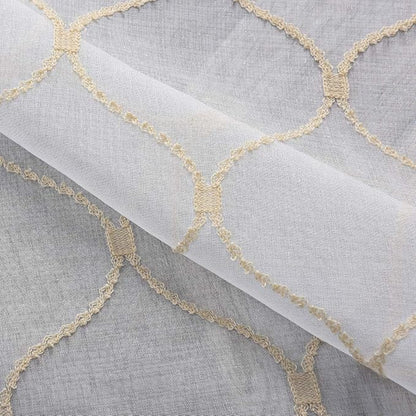 Sheer Curtains Gold 45 Inches, Embroidered Wave Diamond Rod Pocket Voile Drapes for Living room, Bedroom, Window Treatments Semi Curtain Panels for Yard, Patio, Villa, Parlor, Set of 2, 52"x 45".