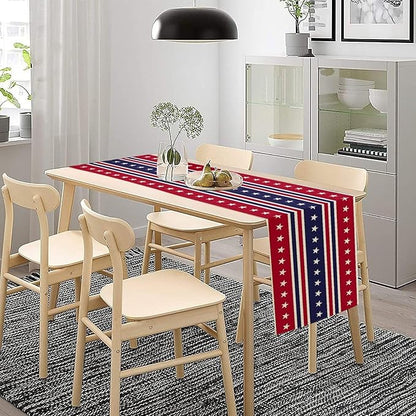 4th of July Table Runner, USA Flag Stars Stripes American Independence Day Red Blue White Stars Lines Print Table Cover for Farmhouse Kitchen Indoor Outdoor Home Party, 13x60inch