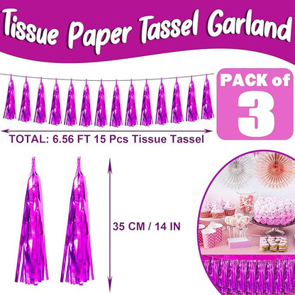 3P Fuchsia Foil Fringe Metallic Tassel Streamers Banner Tassel Garland for Parade Floats, Bachelorette, Wedding, Birthday, Halloween, Christmas, Bridal/Baby Shower Party Decorations
