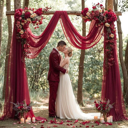 PARTISKY Wedding Arch Draping Fabric, 2 Panels Burgundy Sheer Backdrop Curtain Tulle Fabric Drapery for Arbor Wedding Archway Ceremony Party Ceiling Decor Backdrop