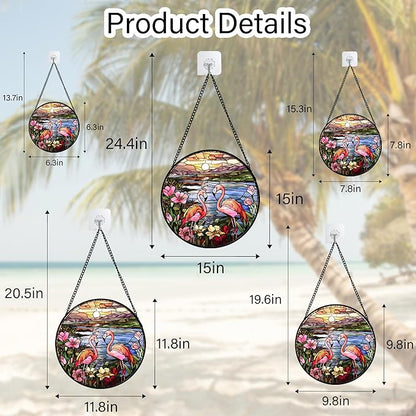 Stained Glass Window Hanging - Flamingo Wildflowers Landscape Suncatcher for Door Terrace Garden Home Decor Sunset Lake Sun Catcher Birthday Gifts for Lovers Women Men Dad Mom Nana 15 in