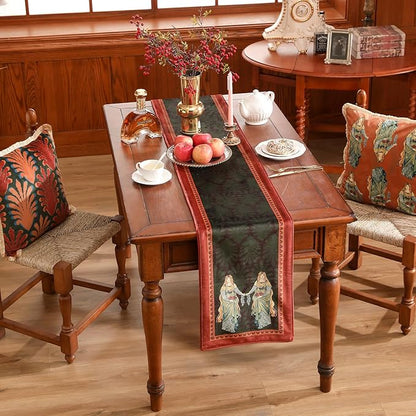 patdrea Designer Mysterious Oil Painting Figures Velvet Table Runner, Brown Green with Palm Frond Pattern Table Mat, Decoration for Kitchen Dining Coffee Table Cabinet Banquet Thanksgiving,12"*102"
