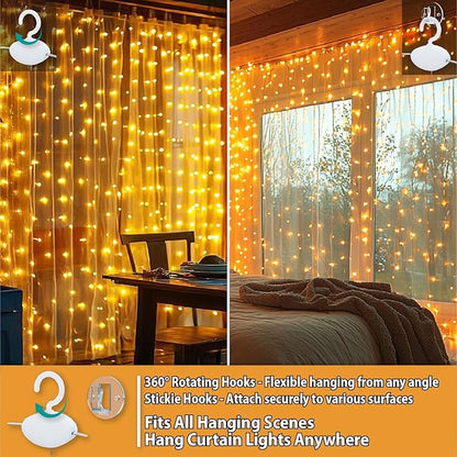 HXWEIYE 300LED Fairy Curtain Lights, 9.8x9.8Ft USB Plug-in 8 Modes Christmas String Hanging Lights with Remote for Bedroom Backdrop Wedding Party Indoor Wall Decor, Warm White(2 Pack)