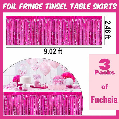 3 Pack 29 x108 Inch Fuchsia Foil Fringe Table Skirts Metallic Banner for Tinsel Streamer Garland Backdrop for Parade Floats Mother's Day, Graduate, Birthday, Wedding Party Decoration