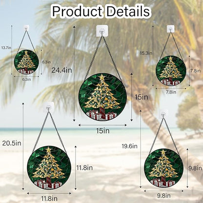 Stained Glass Window Hanging - Golden Christmas Tree Suncatcher for Doors Home Christmas Decoration Winter Sun Catcher Thanksgiving New Year Birthday Gifts for Women Men Mom Nana Girl 9.8 in