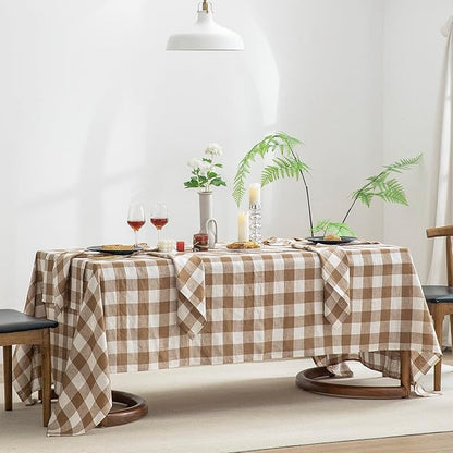 EVERLY 100% Yarn-Dyed Linen Rectangle Tablecloths 60x108Inches for Dining,Buffet Parties,Picnic,Events and Restaurants,Decorative Halloween,Thanksgiving Machine Washable Tablecloths-Brown Plaid