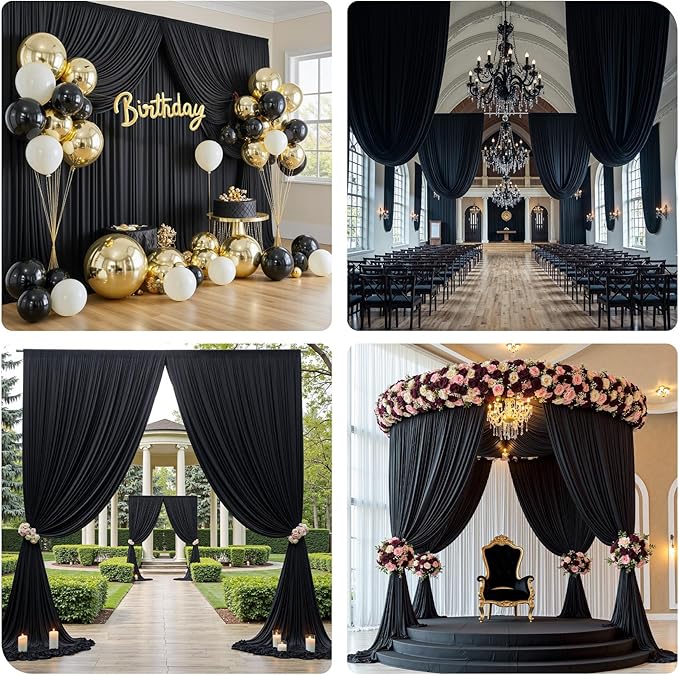 PartyVillage 20ft×15ft Black Backdrop Curtain for Halloween Parties, 4 Panels Wrinkle Free 15 FT Long Polyester Photo Backdrop Drapes Back Drop Cloth for Birthday Photography Background