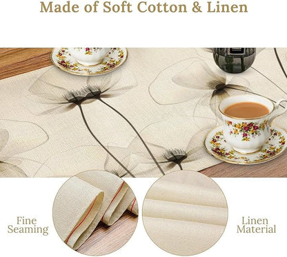 Abstract Floral Table Runner, Watercolor Transparent Beige Poppy Flowers Print Kitchen Dinning Table Runner for Indoor Outdoor Home Wedding Party Holiday, 13x60 Inch