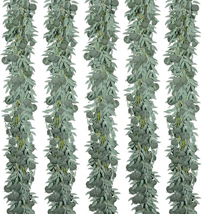 Kisflower 5 Pack 6.56FT Green Eucalyptus Garland for Decoration Table with Willow Leaves Greenery Garland Fake Hanging Plants Vines for Wedding Arch Decor Party Room Home Garden Office Wall Decor