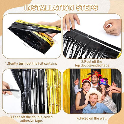 Black and Gold Party Streamers Decoration, 2Pack Graduation Tinsel Backdrop Party Decorations, Foil Fringe Backdrop for 2025 NYE/Anniversary/Farewell/Cocktail/Prom/EID/Birthdays Xmas Wedding Decors