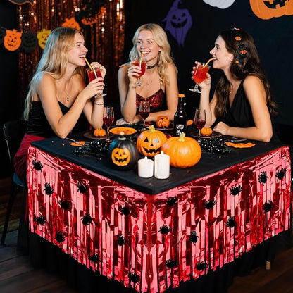 28x106 Inch Red Sequin Tablecloth for Halloween Decorations, Metallic Tinsel Foil Fringe Table Skirt, Rectangle or Round Tables Decor, Table Cover, Spider Decorations for Halloween Party