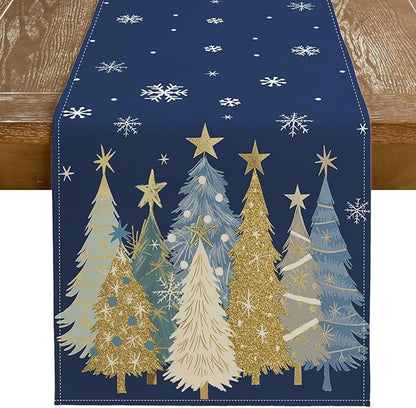 GEEORY Christmas Table Runner 13x60 Inch, Xmas Trees Snowflakes Holiday Decorative Farmhouse Table Decoration for Kitchen Dinning, Indoor Outdoor Dinner Party Decor (Blue) GT151-60
