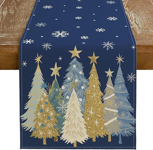 GEEORY Christmas Table Runner 13x48 Inch, Xmas Trees Snowflakes Holiday Decorative Farmhouse Table Decoration for Kitchen Dinning, Indoor Outdoor Dinner Party Decor (Blue) GT151-48