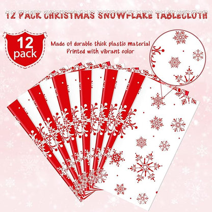 12 Pieces Christmas Snowflake Plastic Party Tablecloth Decorations,54x108 inch Disposable White Red Rectangle Snowflake Xmas Table Cover Backdrop for Winter Christmas Holiday New Year Party Supplies