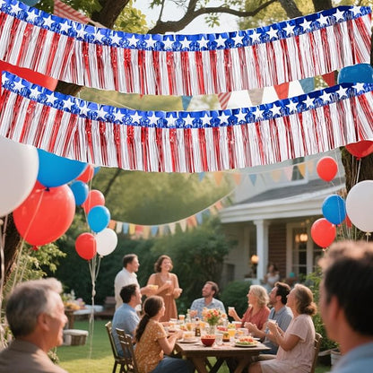 6 Pack 6.6 Feet Red Blue White Foil Fringe Garland Streamers，Red White Blue Star Metallic Hanging Backdrop Banner Table Skirts for 4th of July Decorations Memorial Day Patriotic Party Parade Floats