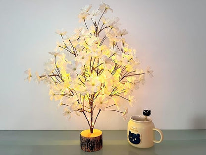 19Inch Cherry Blossom Tree Light, Lighted Artificial Tree with White Silk Flowers, Battery Operated Lamp with Timer for Summer Wedding Decorations,49 Fairy LEDs