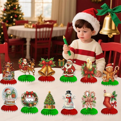 12Pcs Christmas Honeycomb Centerpieces Christmas Table Toppers Decorations Christmas Tree,Snowman,Gingerbread for Holiday Christmas Party Supplies