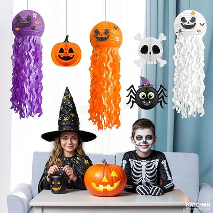 KatchOn, Halloween Paper Lanterns & Honeycomb Set – Pack 6 | Hanging Halloween Decorations Indoor, Outdoor | Paper Jack o Lantern Decor | Spooky Halloween Decorations