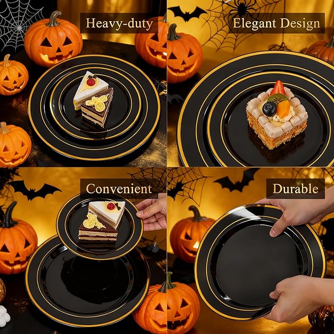 175PCS Black and Gold Plates - Black Disposable Plates for Party - 25Guests Disposable Dinnerware Set for Halloween/New Year/Wedding