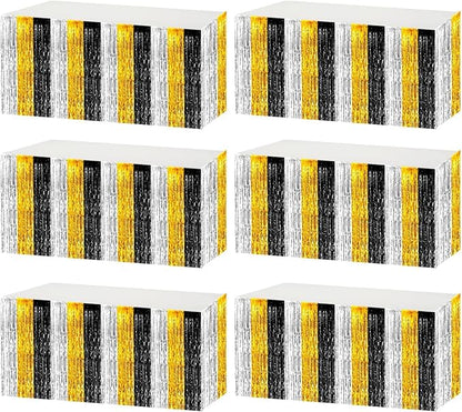 6 Pack 29x108 Inch Metallic Foil Fringe Tinsel Table Skirts Banner for Rectangle Tables Streamer Garland for Birthday, Parade Floats, Valentine's Day Party Decoration(Black Gold Silver)