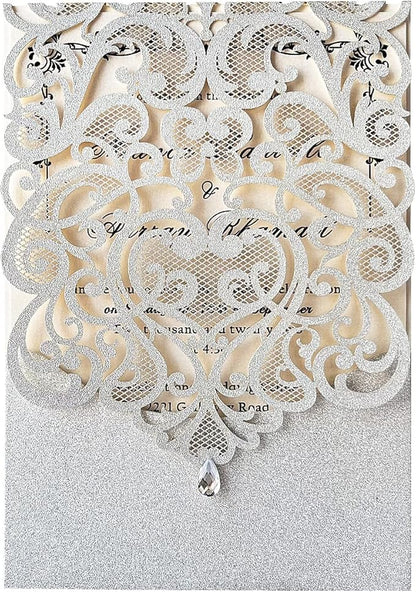 Hosmsua 5.12 x 7.3 Inch 50pcs Silver Laser Cut Lace Flora Wedding Invitation Cards with Rhinestone and Envelopes Customized Printed Invitations for Bridal Shower Quinceañera Wedding Invite