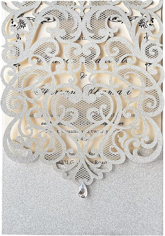 Hosmsua 5.12 x 7.3 Inch 50pcs Silver Laser Cut Lace Flora Wedding Invitation Cards with Rhinestone and Envelopes Customized Printed Invitations for Bridal Shower Quinceañera Wedding Invite