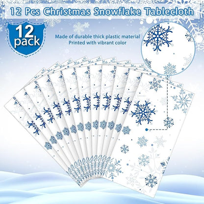 12 Pieces Snowflake Christmas Party Tablecloth Decorations,Plastic White Snowflake White Blue Xmas Backdrop Sign Table Cover Banner for Winter Christmas Holiday Party Supplies,54x108 inch（White/Blue）
