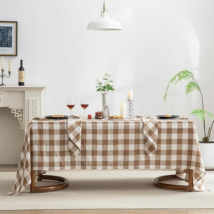 EVERLY 100% Yarn-Dyed Linen Rectangle Tablecloths 60x132Inches for Dining,Buffet Parties,Picnic,Events and Restaurants,Decorative Halloween,Thanksgiving Machine Washable Tablecloths-Brown Plaid