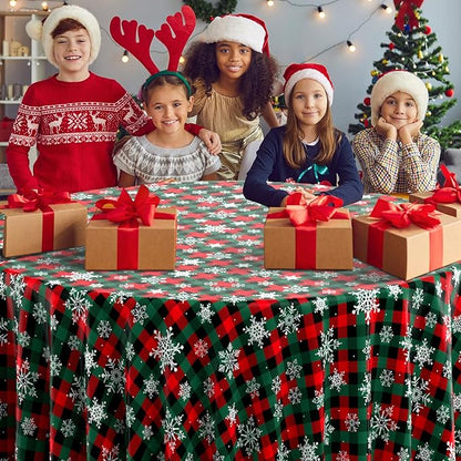 Jectivs 6Pcs Christmas Buffalo Plaid Snowflake Party Tablecloths Decorations,Plastic Red and Green Checkered Round Table Cover for Winter Christmas New Year Birthday Holiday Party Decorations,84 inch