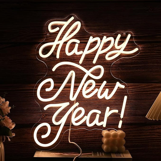 Happy New Year Neon Sign Warm White Led Neon Lights for Wall Decor Usb New Year Light Up Signs for New Year Party Decor Home Bedroom Indoor Decorations
