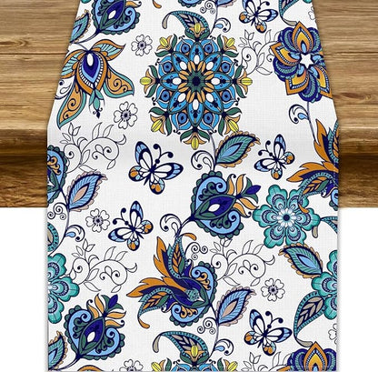 Oriental Paisley Table Runner, Luxury Vintage Blue Teal Floral Butterflies Print Table Runner for Home Dining Kitchen Coffee Table Party Decor, 13x108inch