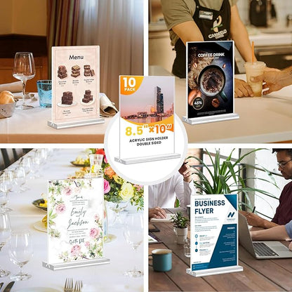 Acrylic Sign Holder 8.5x11, 10 Pack Clear Table Plastic Vertical Clear Double Sided Flyer Display, Picture Menu Stand Paper Holder Photo Sign Holder Suitable for Restaurants Office Store Show Fair