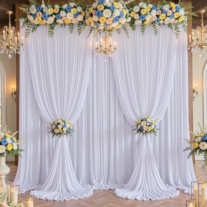 10×14 ft Wrinkle Free White Backdrop Curtain for Wedding Parties, 2 Panels 5×14ft Height Silky Polyester Photo Backdrop Drapes for Parties Birthday Baby Shower Photography Background Cloth