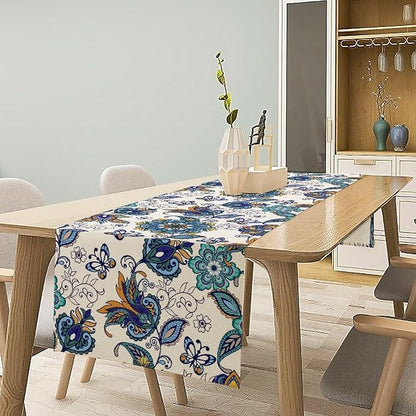 Oriental Paisley Table Runner, Luxury Vintage Blue Teal Floral Butterflies Print Table Runner for Home Dining Kitchen Coffee Table Party Decor, 13x120inch