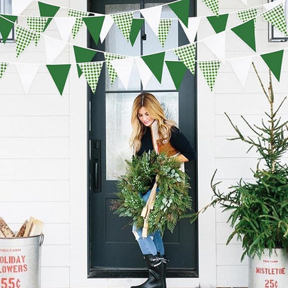 32Ft Green Party Decorations Green Buffalo Plaid Checkered White Triangle Flag Gingham Pennant Bunting Fabric Garland for Wedding Birthday Picnic BBQ Outdoor Golf Party Dinosaur Arbor Day Decorations