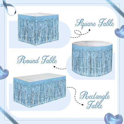 1 Pack Light Blue Table Skirts, 29x108" Metallic Foil Tinsel Fringe Table Skirts for Rectangle Tables Streamer Curtains Backdrop, Party Decorations for Birthdays Weddings Holidays