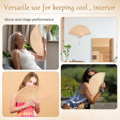 Qunclay 60Pcs Wooden Hand Fans Folding Wedding Fans for Guest Chinese Hollow Pattern with White Tassel and Gift Bag for Wedding Bridal Shower Birthday Party Favors Gift and Home Decor(Simple Style)