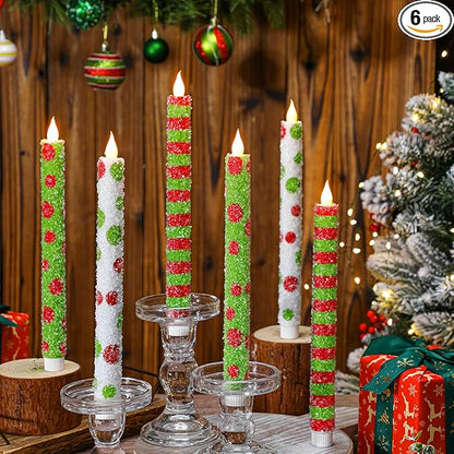Baquler 6 Pcs Christmas Flameless Taper Candles 10.6 Inch Elf Theme Candles Battery Operated LED Christmas Candlesticks for Xmas Centerpiece Holiday Party Decor