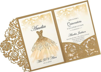 DORIS HOME 50pcs Laser Cut Quinceanera Invitations Gold, 4.7x7.1 Personalized Quince Invitations for 15th Birthday, Invitation cards for Sweet 16 with Envelopes