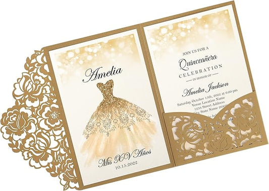DORIS HOME 50pcs Laser Cut Quinceanera Invitations Gold, 4.7x7.1 Personalized Quince Invitations for 15th Birthday, Invitation cards for Sweet 16 with Envelopes