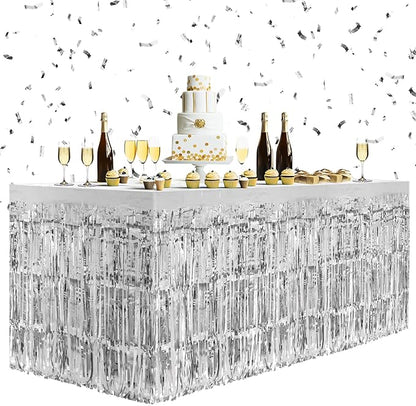 2 Pack Silver Table Skirts, 29x108" Metallic Foil Tinsel Fringe Table Skirts for Rectangle Tables Streamer Curtains Backdrop, Party Decorations for Birthdays Weddings Holidays