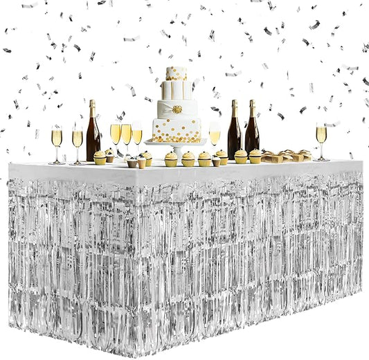 2 Pack Silver Table Skirts, 29x108" Metallic Foil Tinsel Fringe Table Skirts for Rectangle Tables Streamer Curtains Backdrop, Party Decorations for Birthdays Weddings Holidays