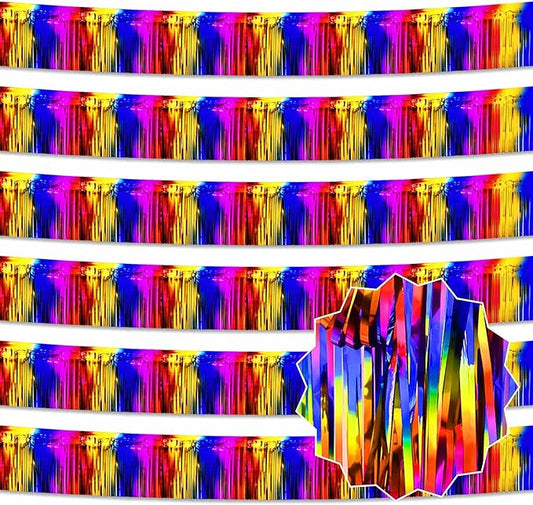 6 Pack 10 Ft Rainbow Foil Fringe Garland Metallic Streamers Tinsel Banner Wall Hanging Garland Backdrop for Parade Floats, Halloween, Christmas, Thanksgiving, New Year Party Decorations