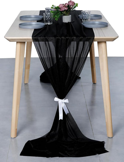 MDS 15 Pack 10ft Chiffon Table Runner 29 x 120 Inches Sheer Wedding Runner Romantic Rustic Table Runner for Wedding Decorations, Birthday Parties, Bridal Shower Party Arch Decor - Black