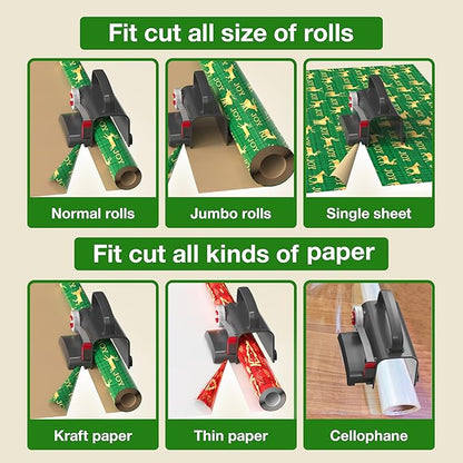 (2-Pack) Wheel Wrapping Paper Cutter & Tape Dispenser with 4 Tapes，2 Replace Blades Kit for Christmas Gift Wrap Cutter Tool Paper Roll Holder Tube Sliding Slicing for Birthday Holiday.