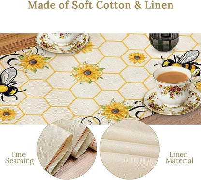 Bee Sunflower Table Runner, Farmhouse Orange Honeycomb Vintage Spring Summer Flowers Print Table Cover for Party Wedding Home Kitchen Dining Table Decor, 13x120inch