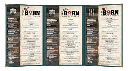 Goodsmart Pajco Style Restaurant Menu Covers – Pack of 10, Side-Load Fold-Out Menu Holders, Single Stitched Edge Clear Vinyl Menu Sleeves, Leatherette Trim Gold Corners, Green, 3 View (8.5" x 14")