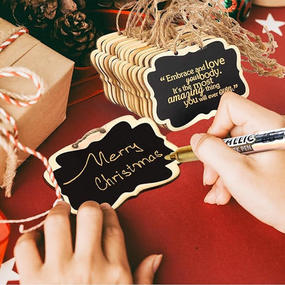 24PCS Reusable Chalkboard Tags with String, ULENDIS 2.36x3.35 Inch Wooden Chalkboards Signs with Gold and Silver Markers, Double-Sided Blackboard for Message Board Signs, Hanging Chalkboard Labels