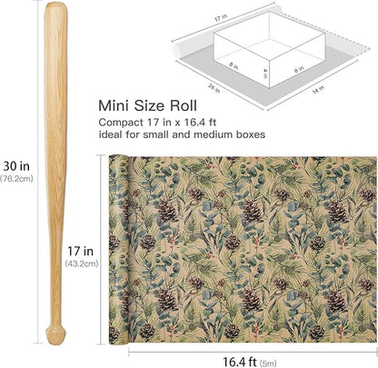 RUSPEPA Kraft Christmas Wrapping Paper Roll, Mini Roll, Watercolor Pinecone and Eucalyptus Leaf Design, Kraft Gift Wrap for Christmas, Winter Holiday Party, Rustic Natural Theme, 17 Inches x 16.4 Feet